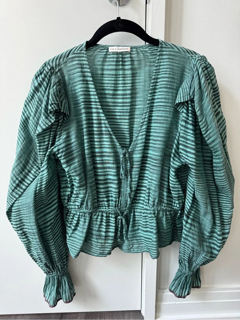 Ulla Johnson Teal Striped V-Neck Tie-Waist Blouse
